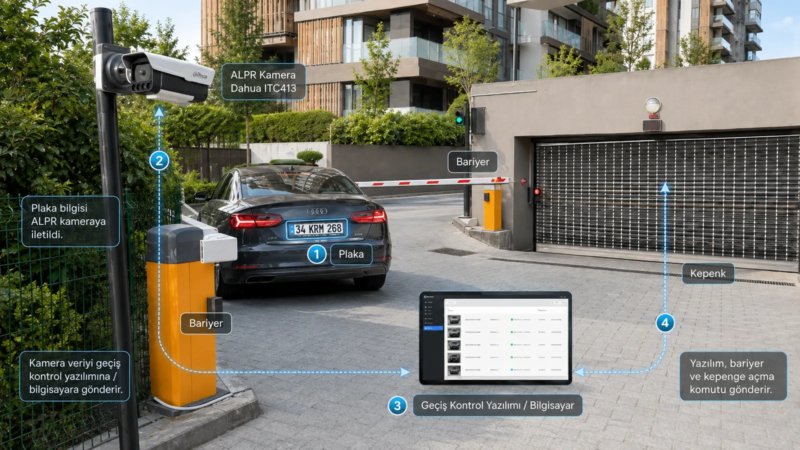 Site girişinde ALPR kamera geçen aracın plakasını okuyor;
                   okunan plaka geçiş kontrol yazılımına gidiyor, yazılım da
                   bariyere ve garaj kepengine açma komutu gönderiyor.